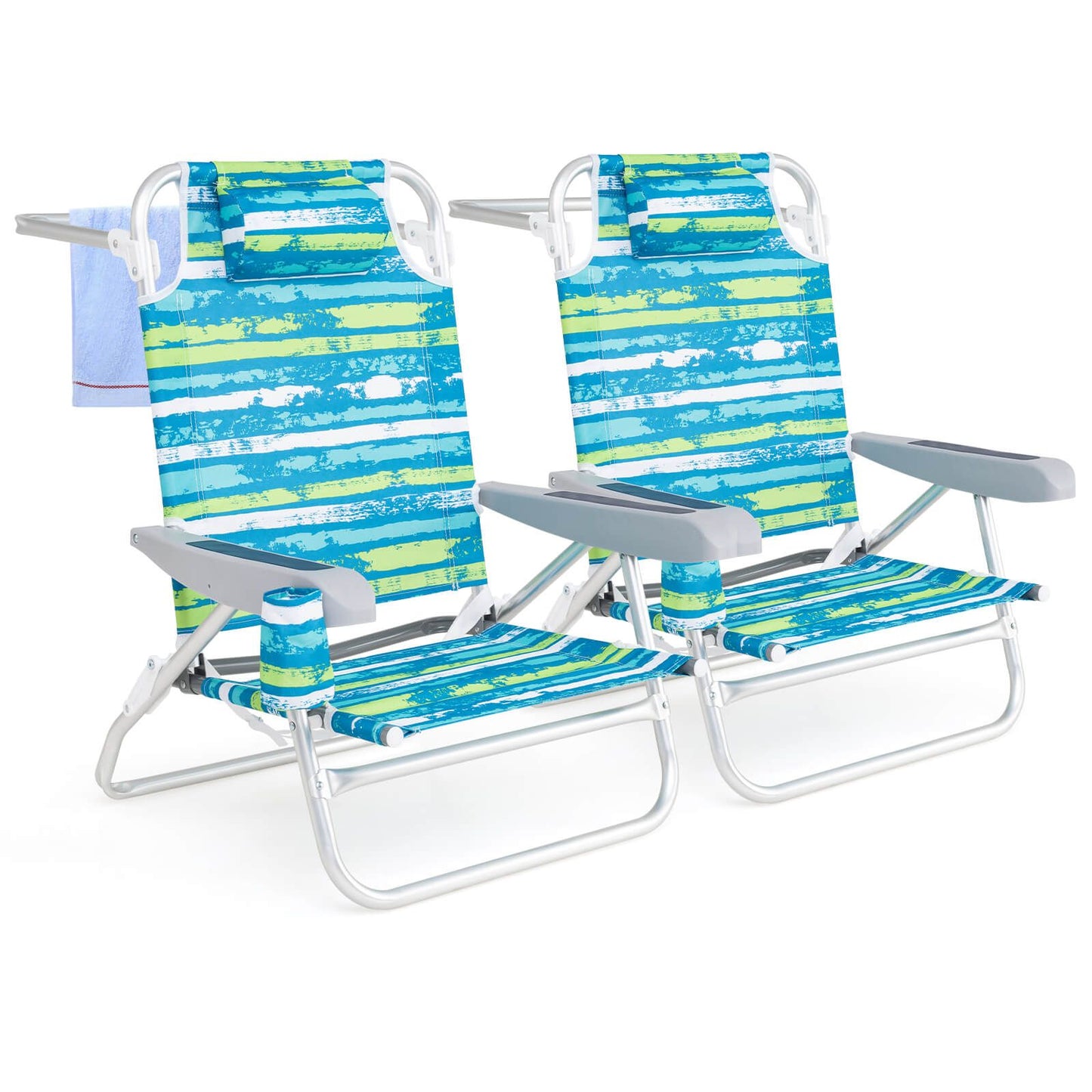 2 Pack Folding Beach Chair Adjustable with Head Pillow and Towel Bar