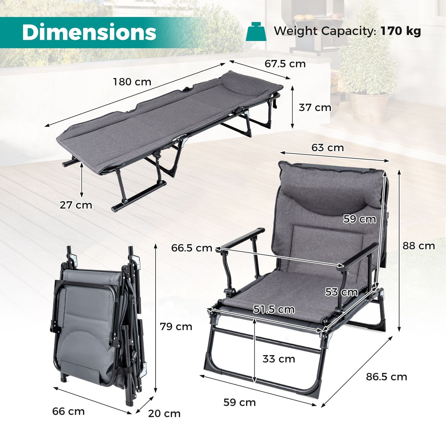 Folding Camping Cot Comfy Padded Convertible Metal Chaise Lounge Sleeper Bed