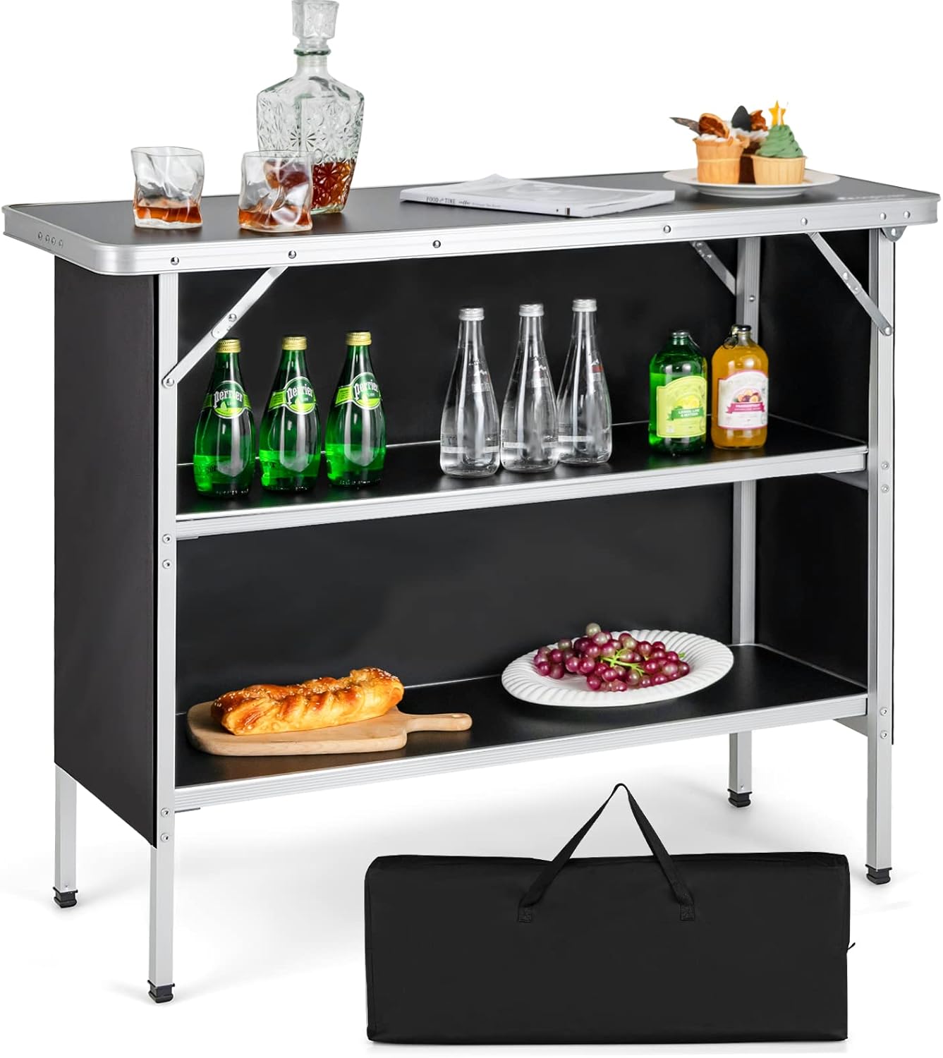 Aluminum Portable Picnic Table With 2-Tier Open Shelves & Spacious Tabletop