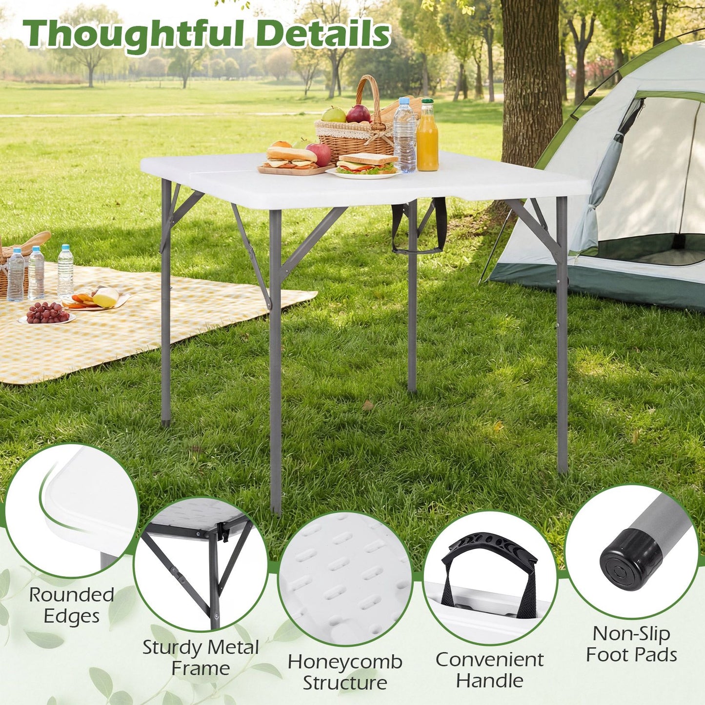 86 CM Square Folding Table with Carry Handle and Metal Legs for Picnic and Party