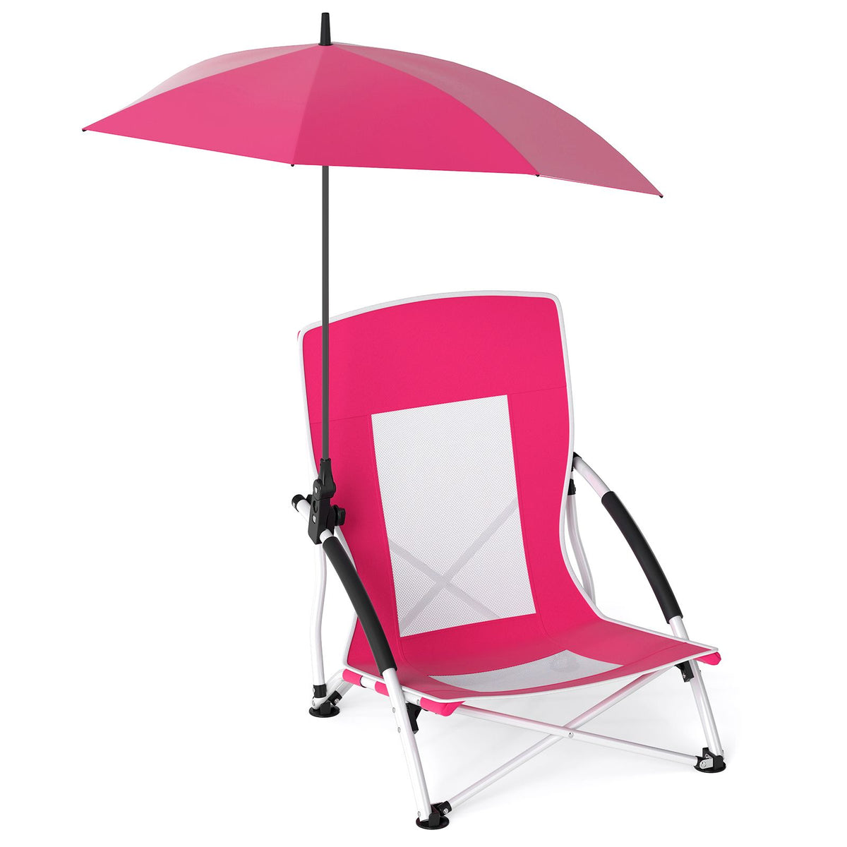 Foldable Beach Umbrella Chair with Adjustable Parasol and Universal Umbrella Clamp