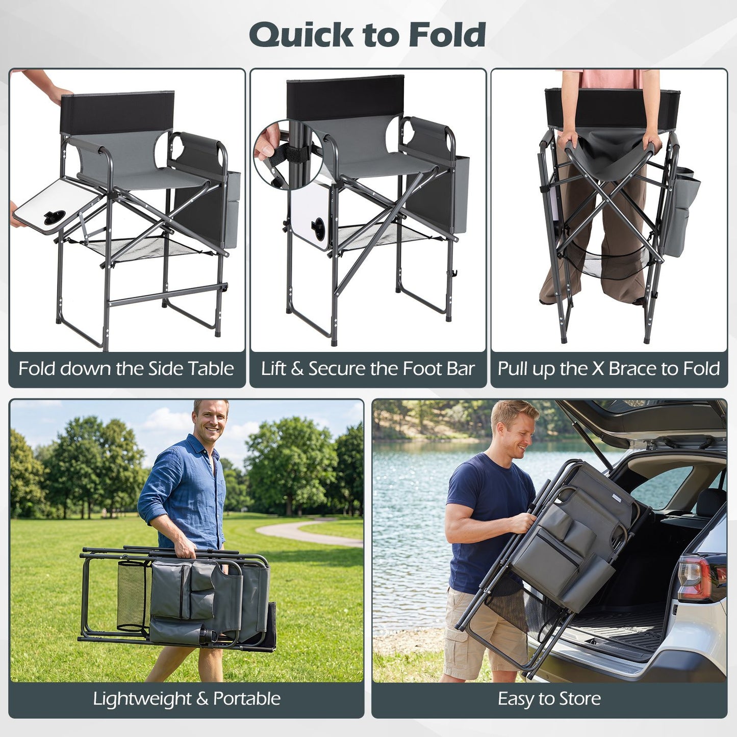 Folding Tall Camping Chair with Footrest and Cup Holders