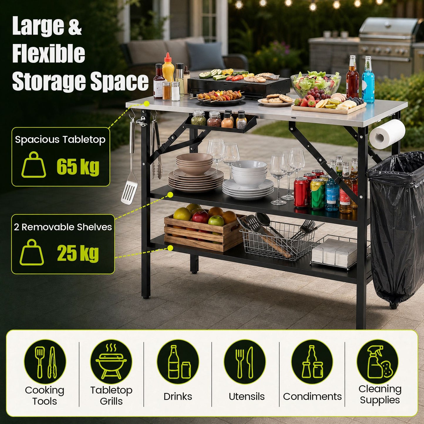 Foldable Outdoor Cook Station with 2 Removable Shelves