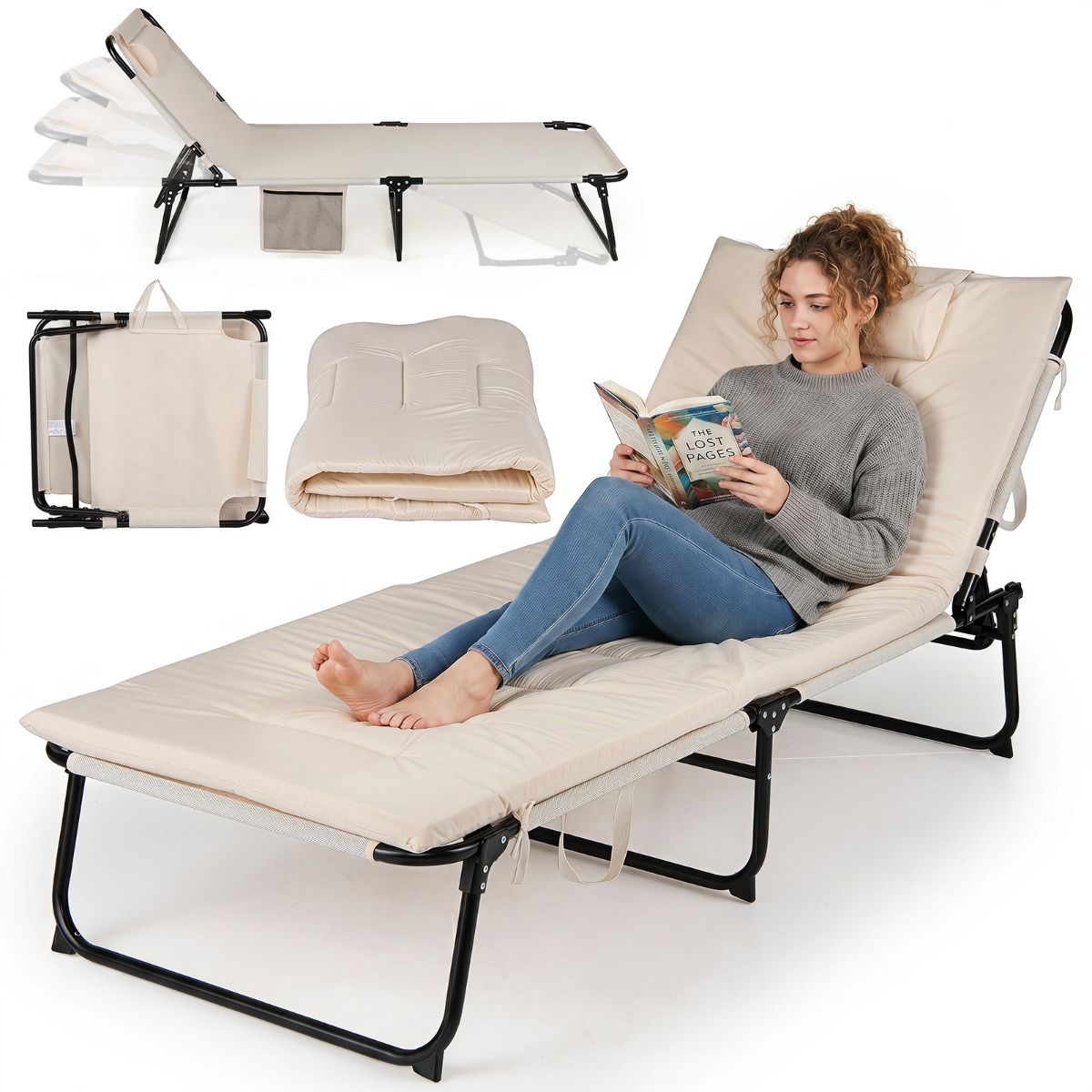 Folding Sun Lounger Foldable Beach Sun Lounger with Adjustable Backrest