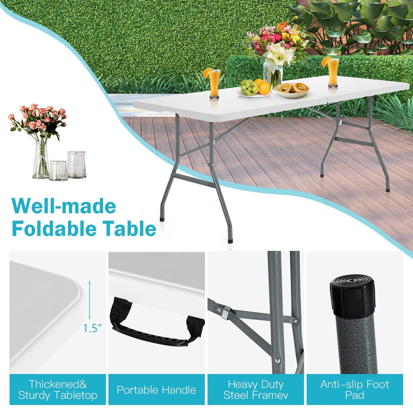 180 cm Portable & Lightweight Folding Camping Table with Carrying Handle