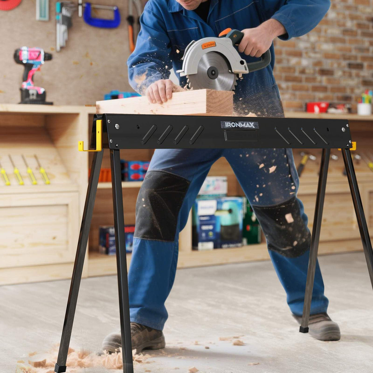 2-Pack Heavy-Duty Folding Sawhorses with 2 x 4 Supporting Arms and Carrying Handle for Woodworking