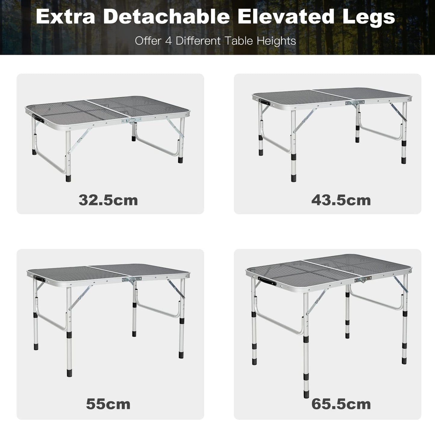 4-Position Adjustable Folding Camping Table With Rust Resistant Iron Mesh Top