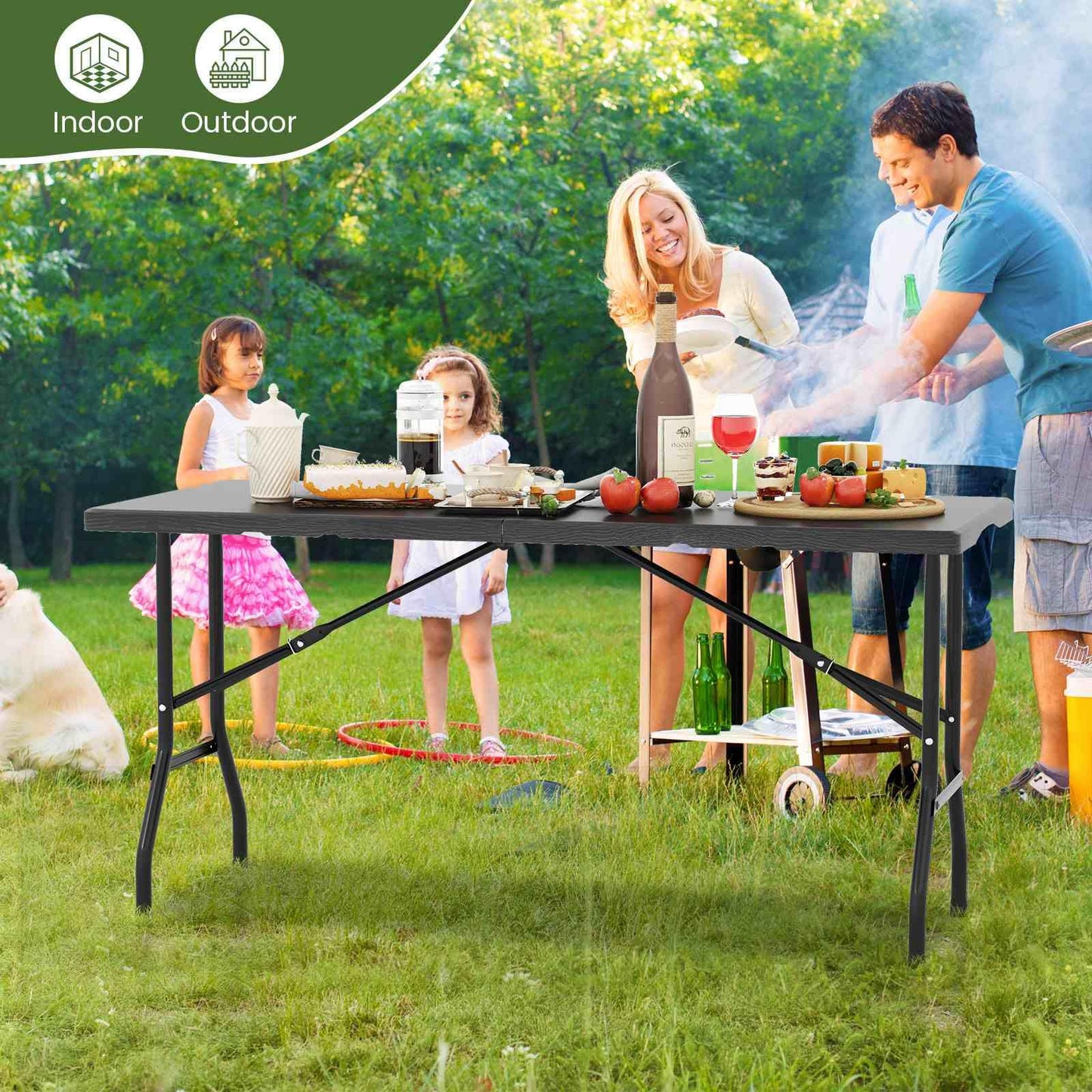 Outdoor Dining Table w/Wood Grain HDPE Tabletop 4-6 Person Camping Table