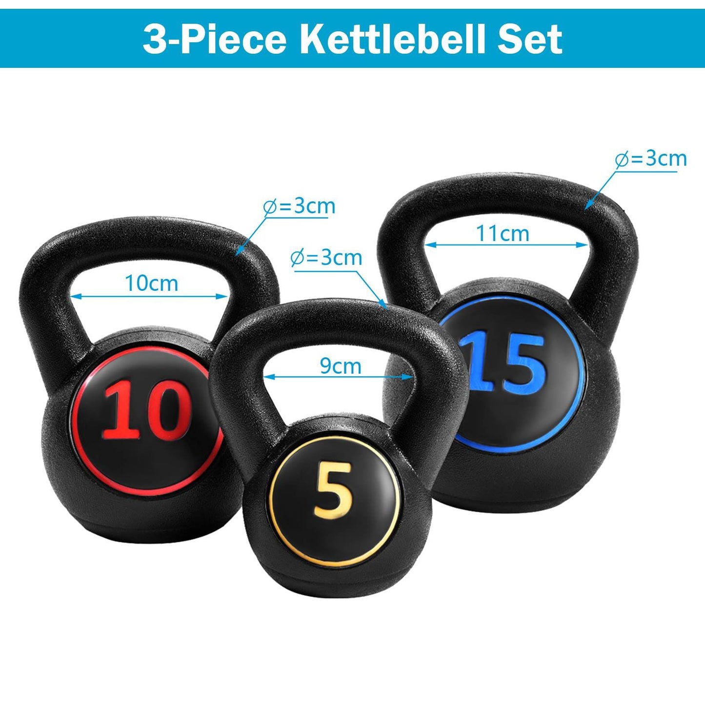 3 Pieces HDPE Coated Concrete Kettlebell Kit with Easy Grip Handle