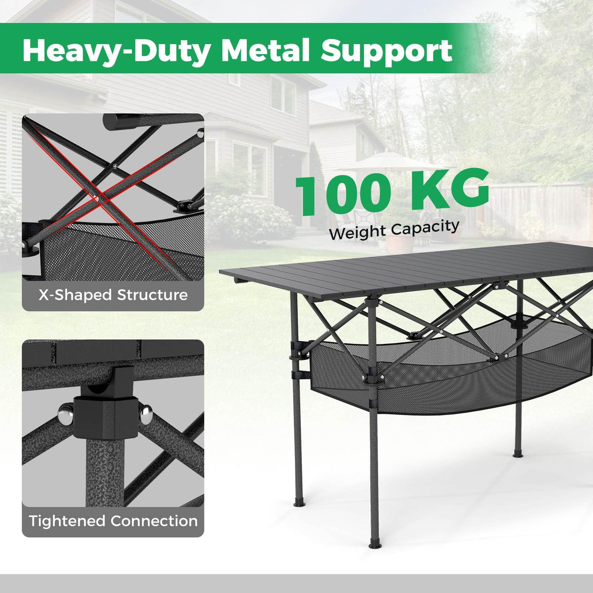 Patio Folding Camping Table Portable Picnic Table with Aluminum Roll-up Tabletop and Mesh Basket