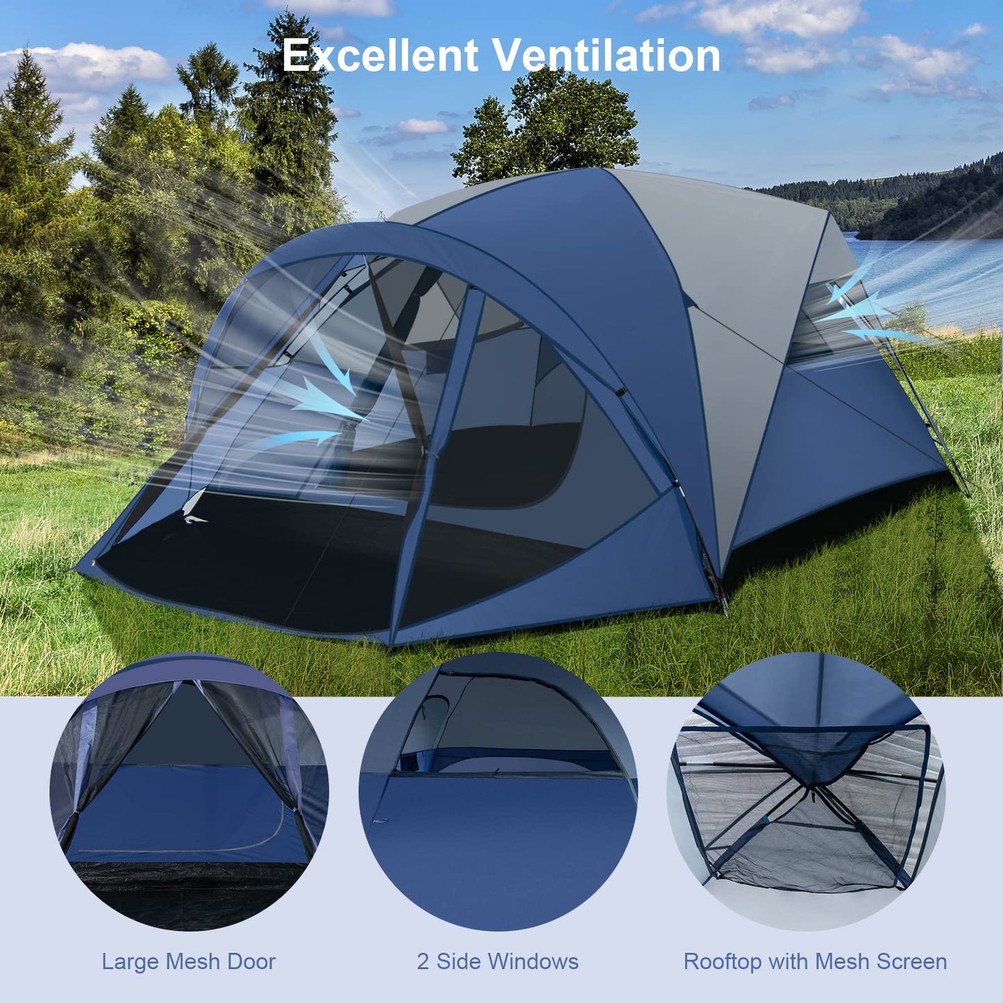6-Person Camping Dome Tent With Screen Room Porch Easy Setup Double-Layer Tent