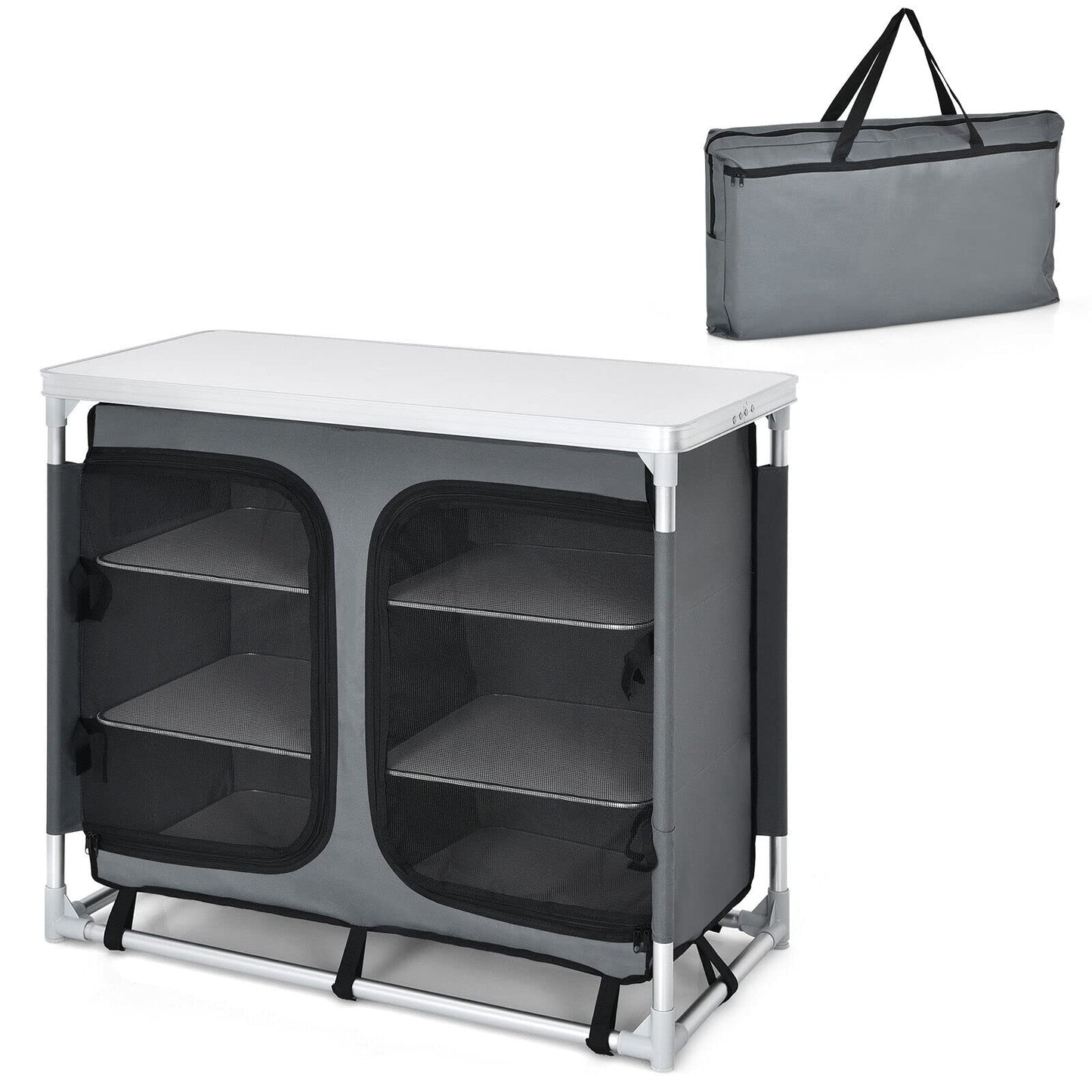 Aluminum Camping Table Portable Camping Kitchen Cupboard Table with Zippered Storage Shelves and Carrying Bag