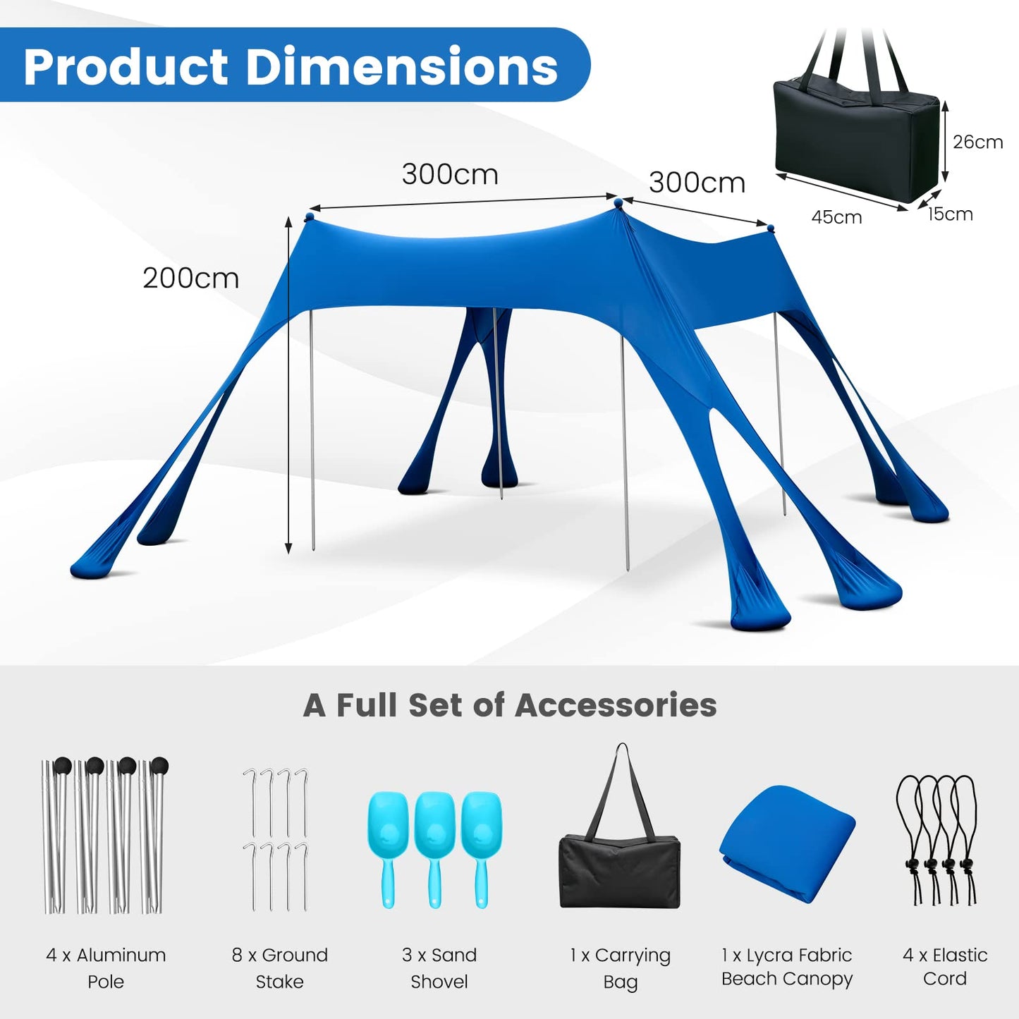 3 x 3m Beach Sunshade Canopy Windproof Sunshade for Beach Camping Patio Trip