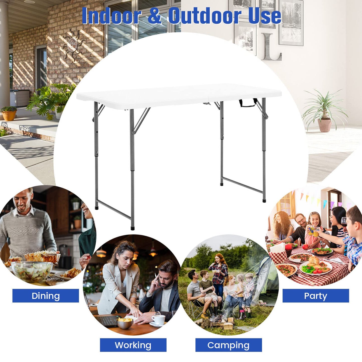 Portable Bi-fold Picnic Table with 3-Level Height Adjustment Carrying Handle
