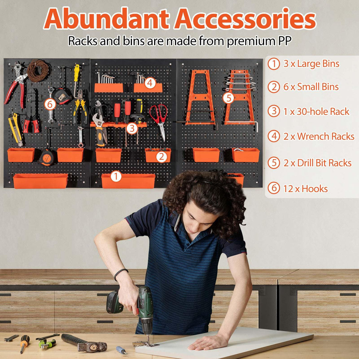9-Bin Parts Rack Organizer with Hammer Racks and Tool Holders