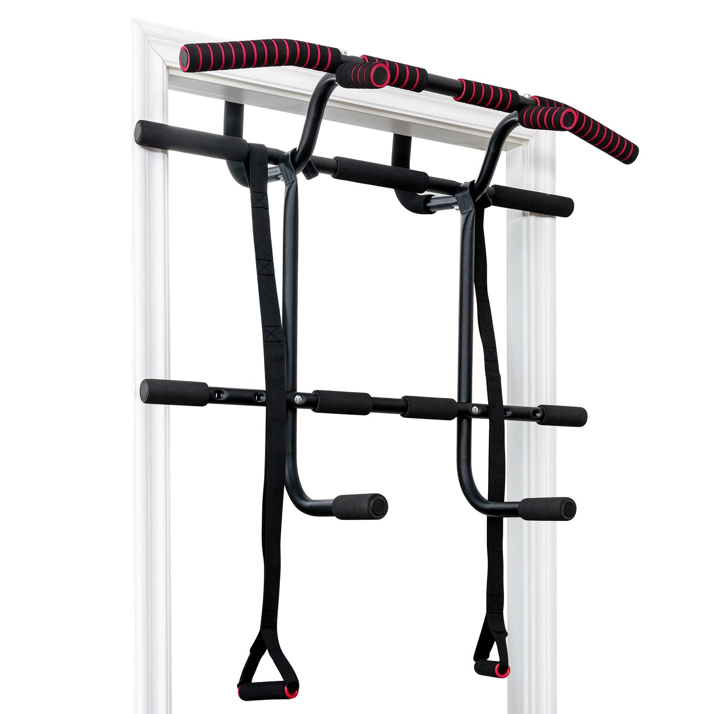 Portable Doorway Pull Up Bar Hanging Fitness Door Trainer w/Power Ropes & Dip Station