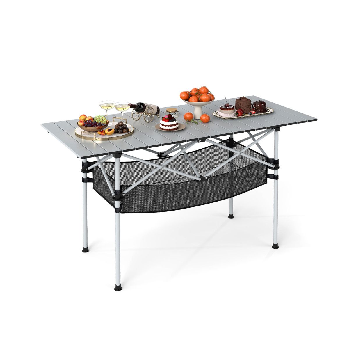 Patio Folding Camping Table Portable Picnic Table with Aluminum Roll-up Tabletop and Mesh Basket