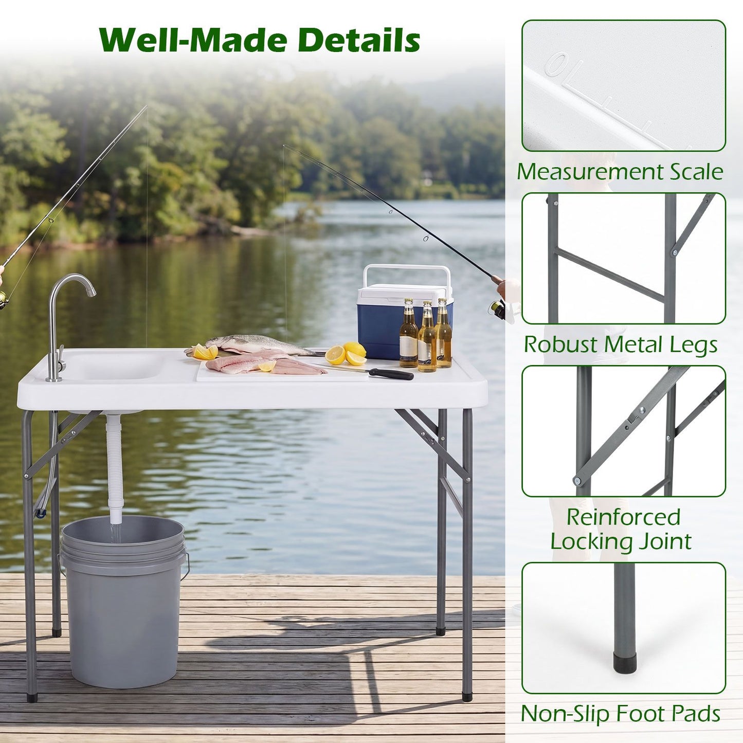 114 cm Portable Camping Table with Faucet and Drainage Hose for Picnic and Fishing