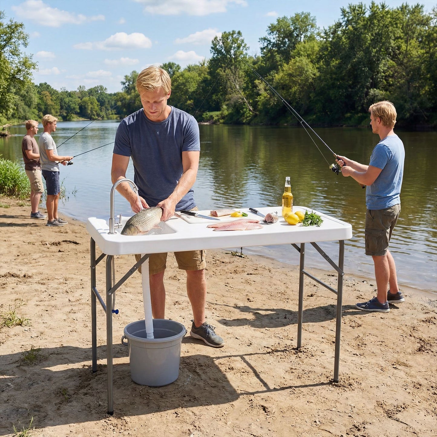 114 cm Portable Camping Table with Faucet and Drainage Hose for Picnic and Fishing