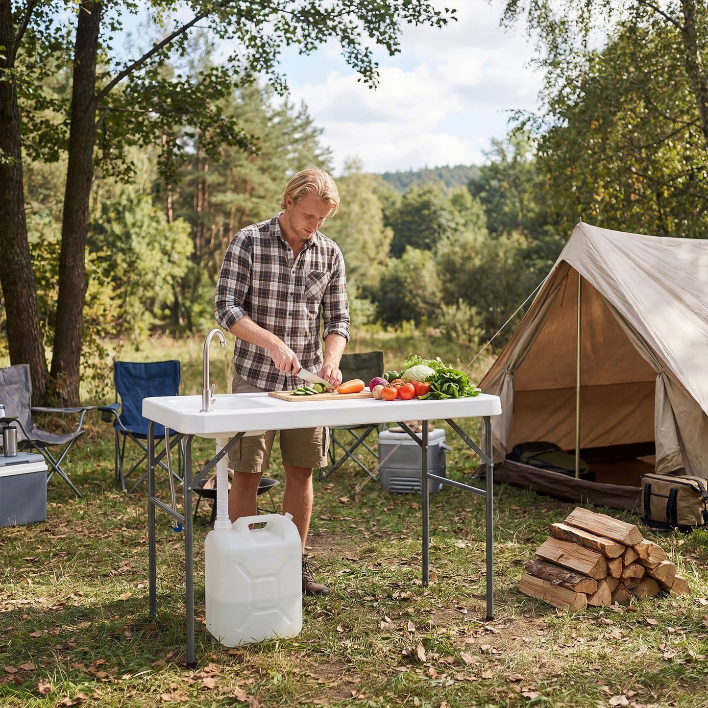 114 cm Portable Camping Table with Faucet and Drainage Hose for Picnic and Fishing