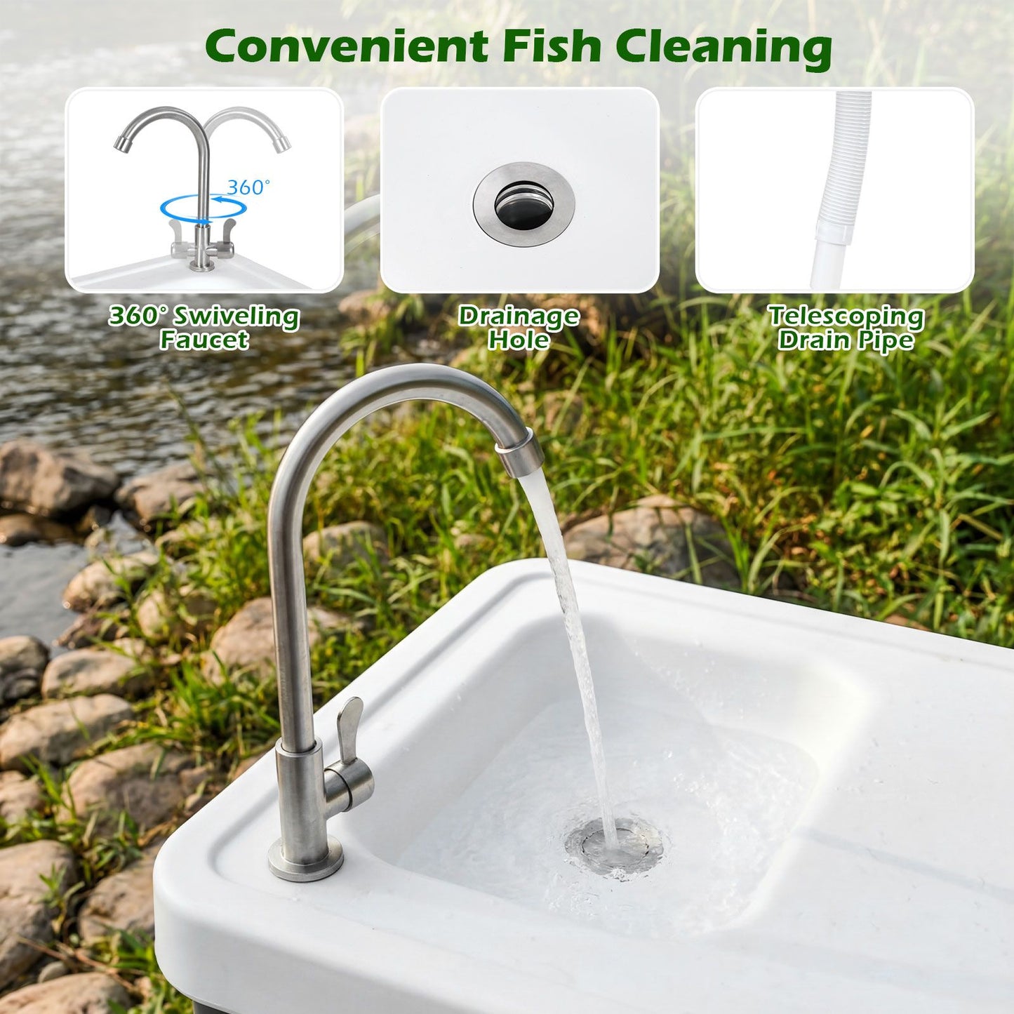 114 cm Portable Camping Table with Faucet and Drainage Hose for Picnic and Fishing