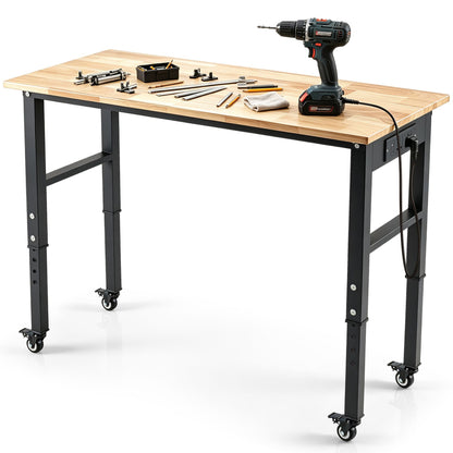 116cm Adjustable Height Workbench with Wheels Heavy-Duty Oak Wood Top