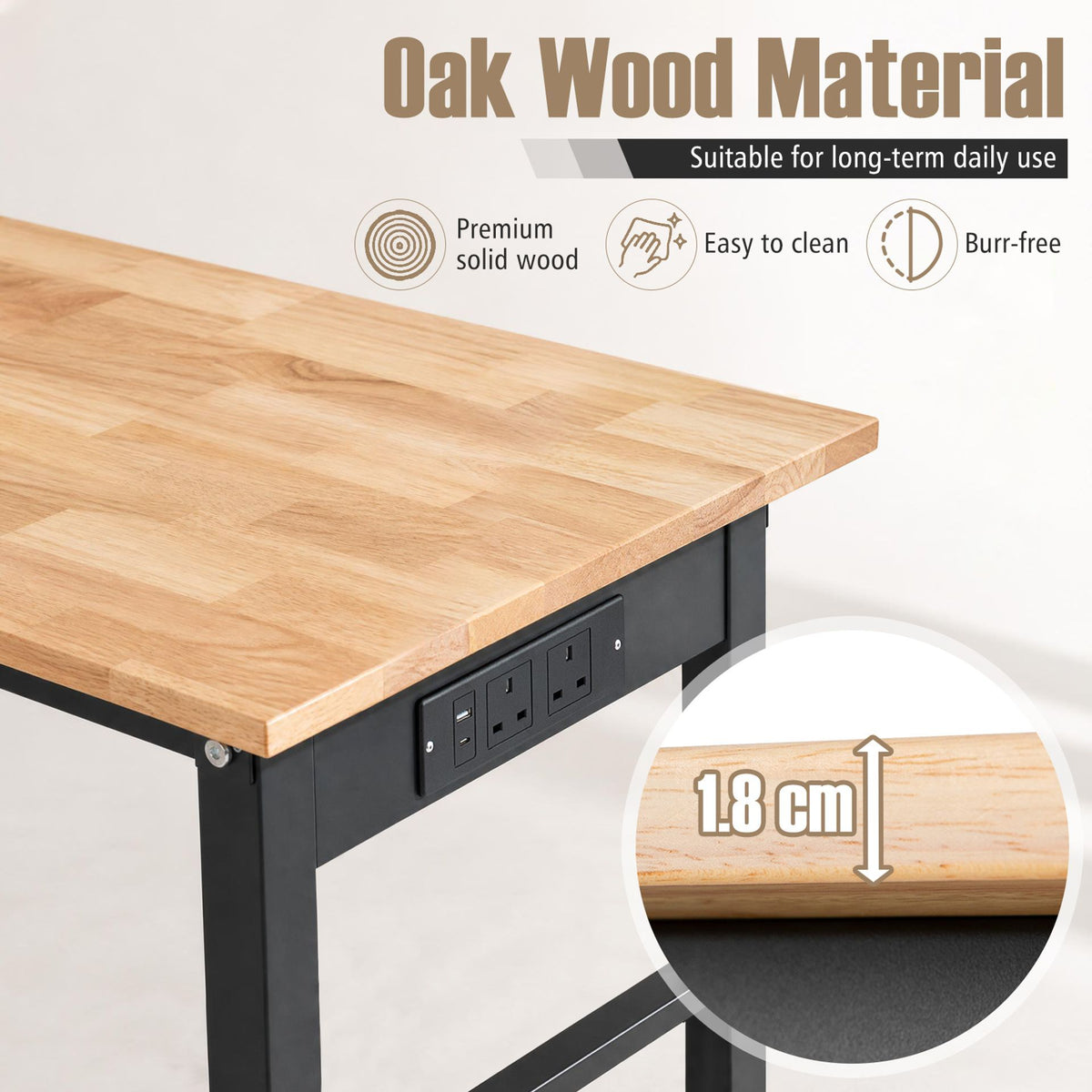 116cm Adjustable Height Workbench with Wheels Heavy-Duty Oak Wood Top