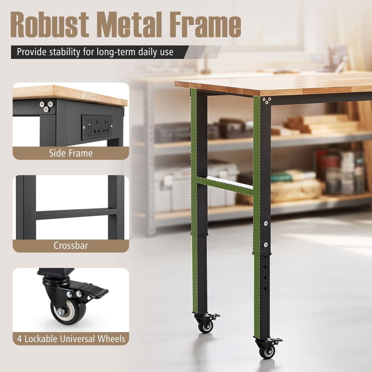 116cm Adjustable Height Workbench with Wheels Heavy-Duty Oak Wood Top