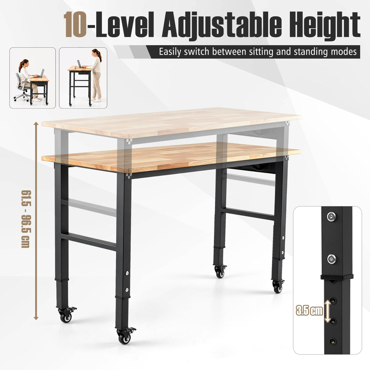 116cm Adjustable Height Workbench with Wheels Heavy-Duty Oak Wood Top