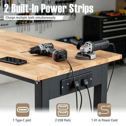 116cm Adjustable Height Workbench with Wheels Heavy-Duty Oak Wood Top