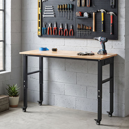 116cm Adjustable Height Workbench with Wheels Heavy-Duty Oak Wood Top