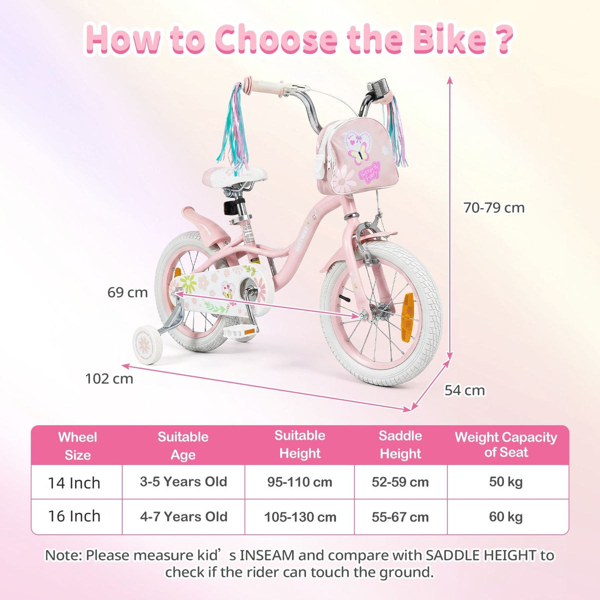 14/16 Inch Girls Bike with Front Bag and Streamers for 3-5/4-7 Years Old
