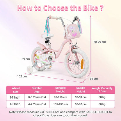 14/16 Inch Girls Bike with Front Bag and Streamers for 3-5/4-7 Years Old