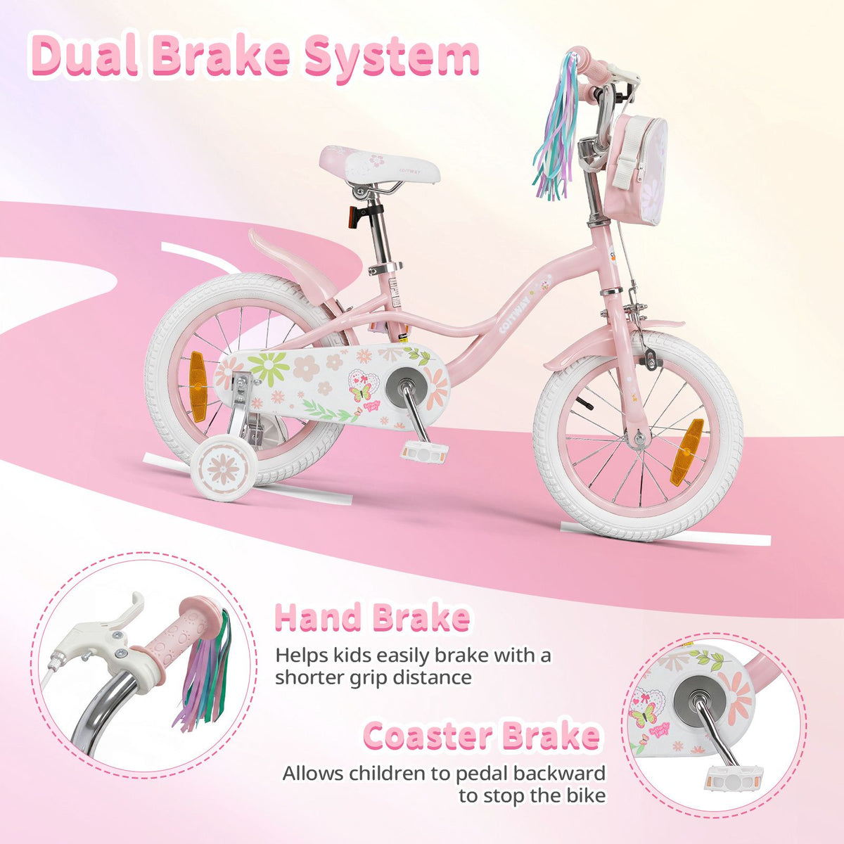 14/16 Inch Girls Bike with Front Bag and Streamers for 3-5/4-7 Years Old