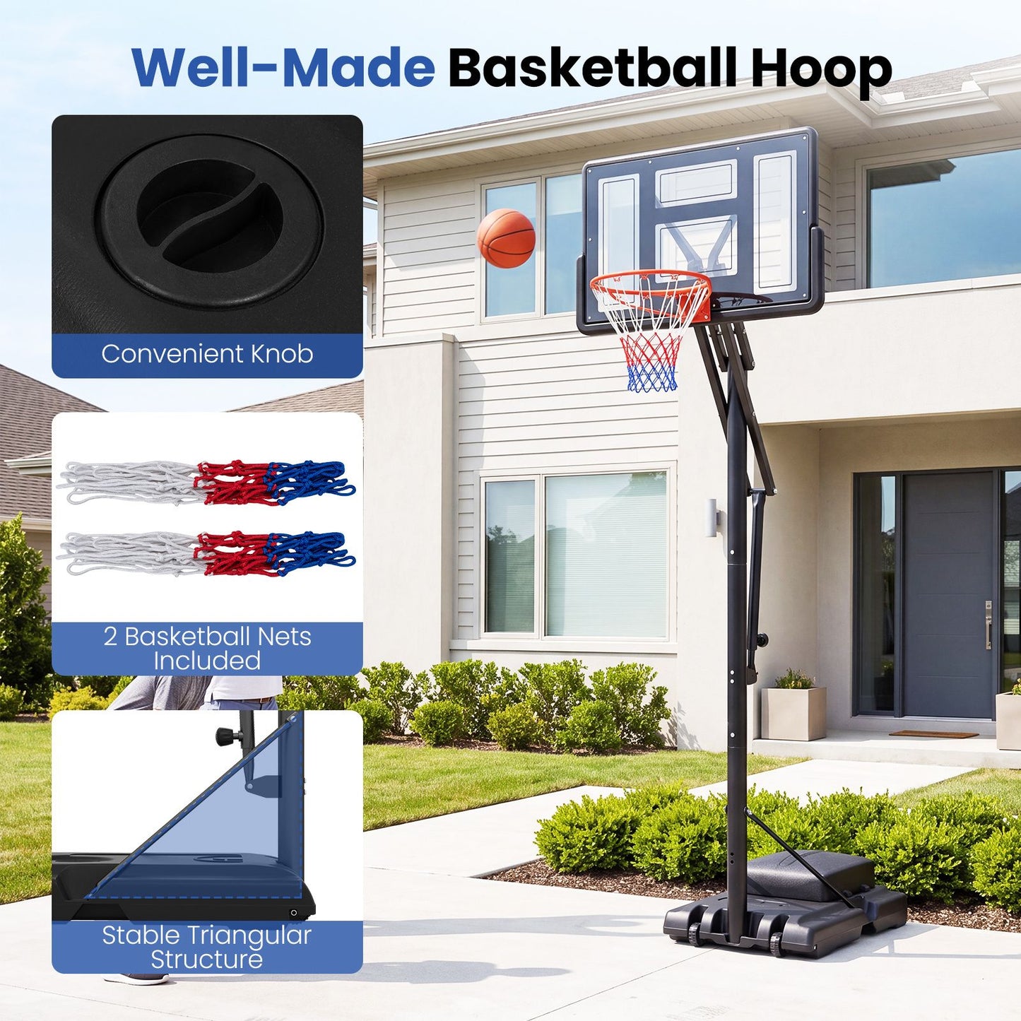 170-305 cm Outdoor Portable Basketball Hoop with Sandbag and 2 Nets