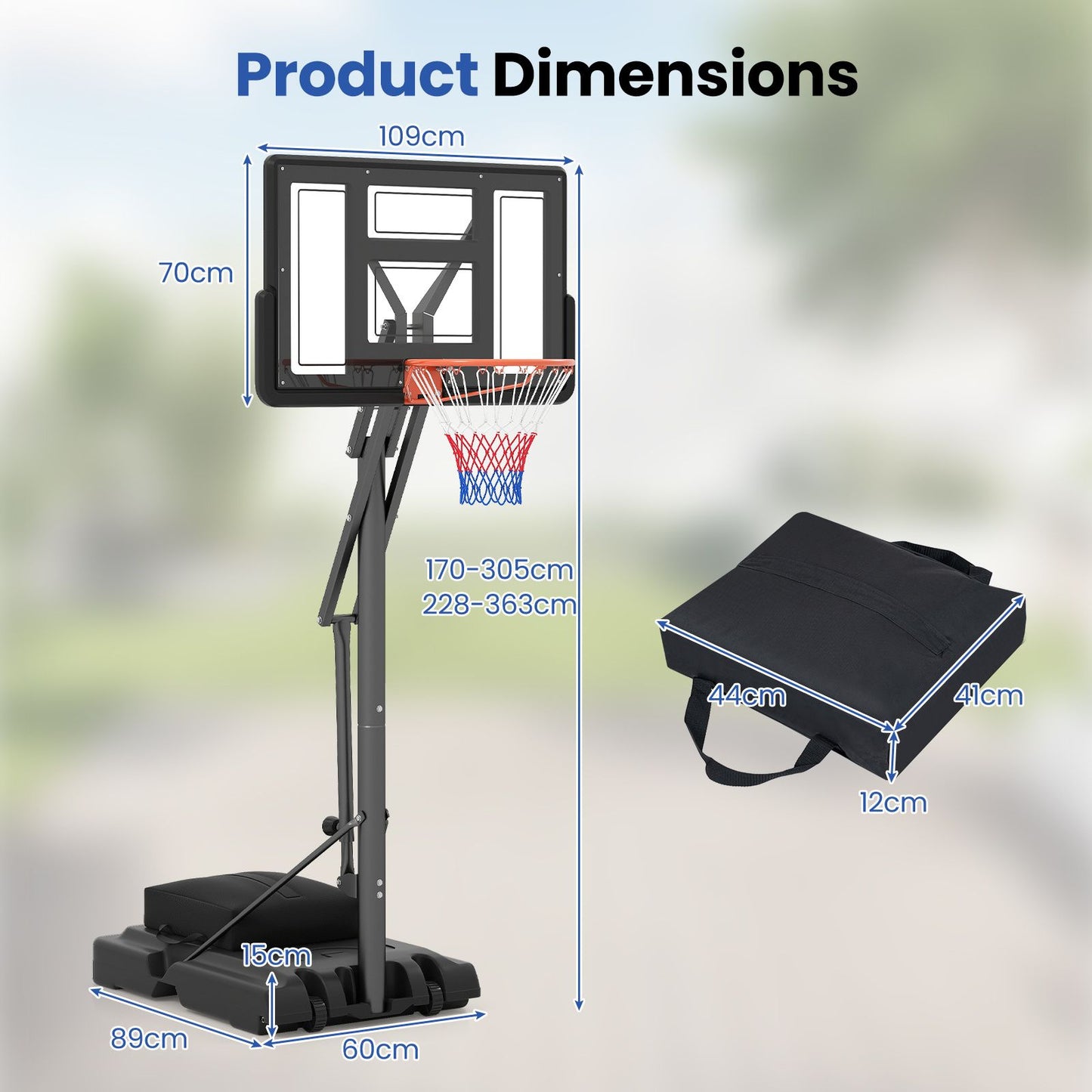 170-305 cm Outdoor Portable Basketball Hoop with Sandbag and 2 Nets