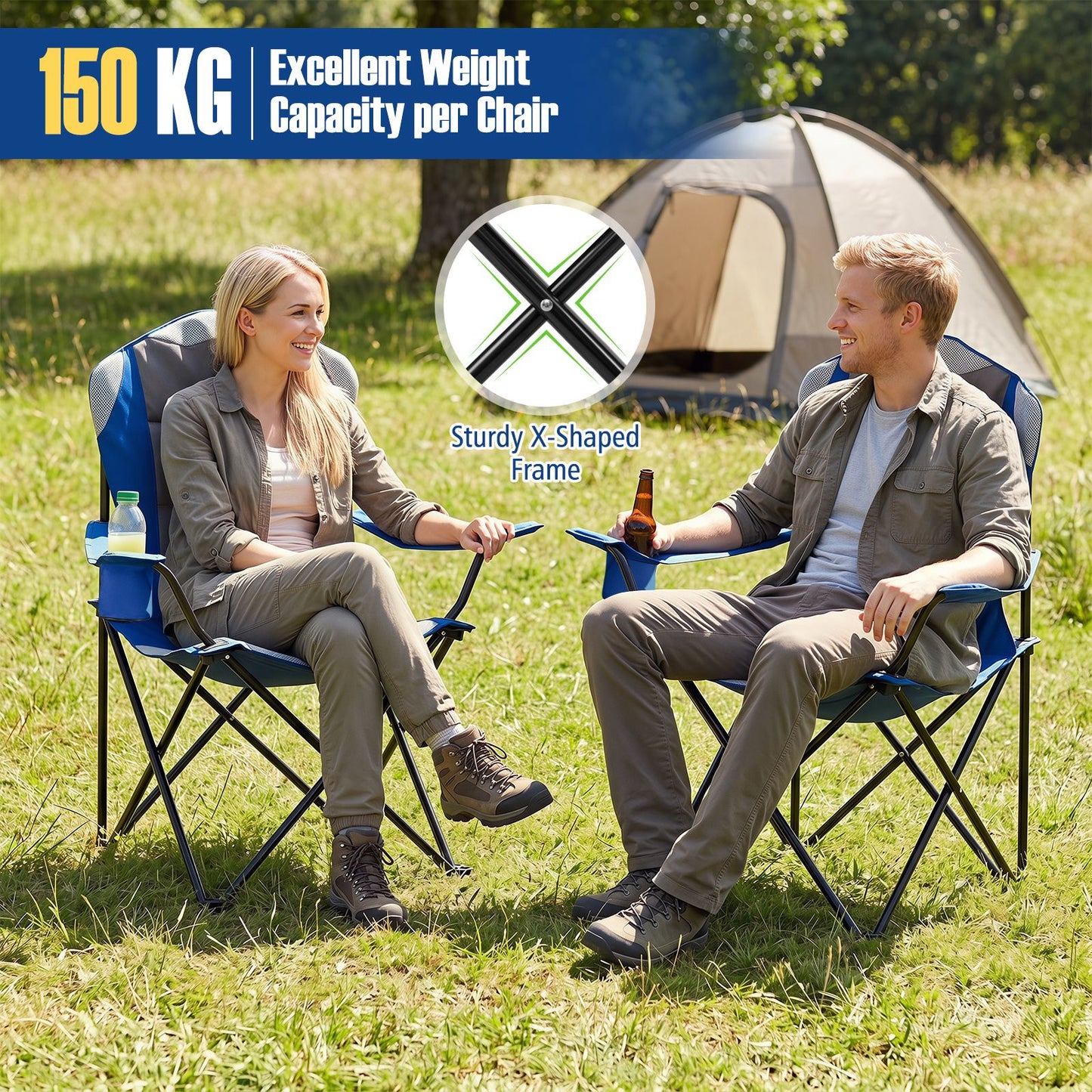 2 Pieces Folding Camping Chairs for Adults with Cup Holders