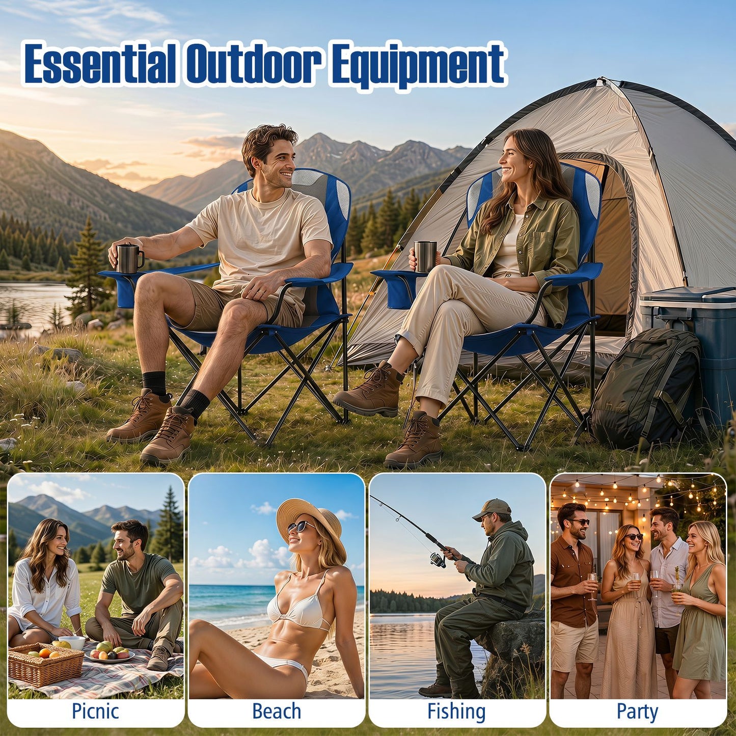 2 Pieces Folding Camping Chairs for Adults with Cup Holders