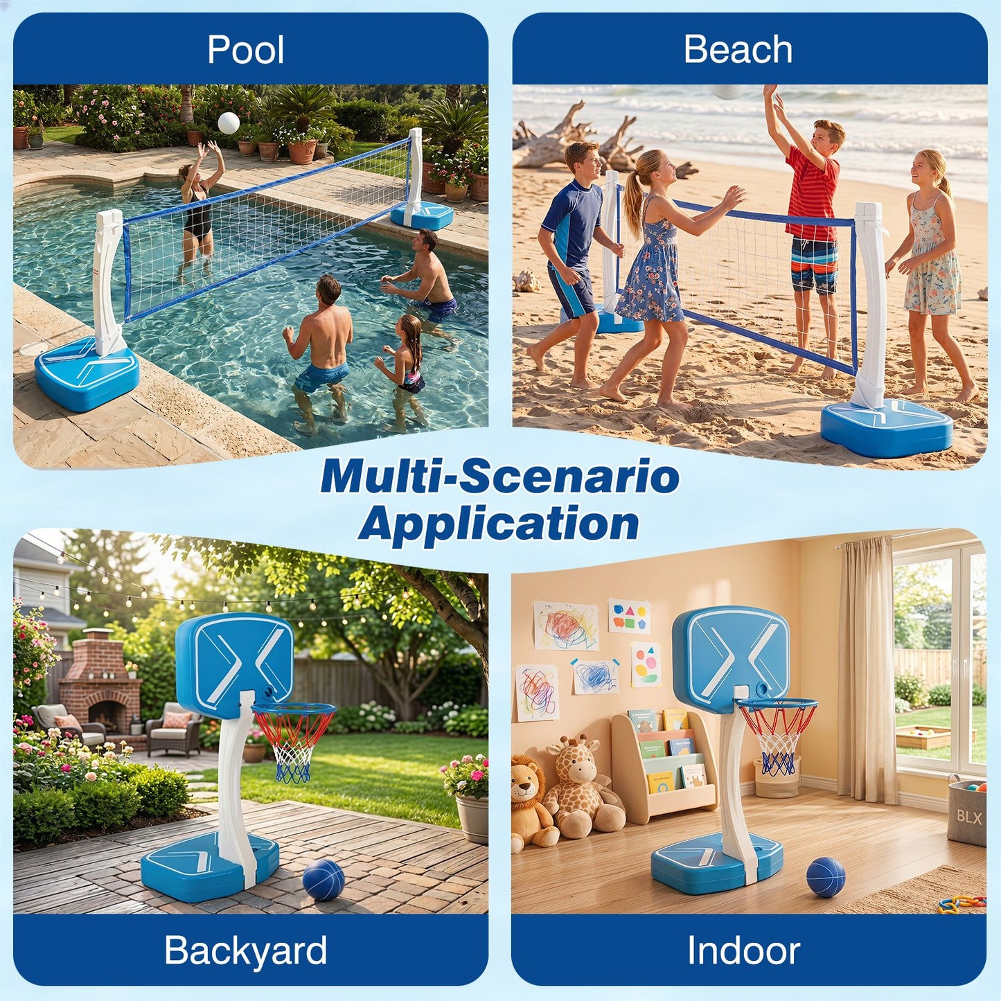 2-in-1 Pool Basketball Hoop and Pool Volleyball Net with Weighted Base