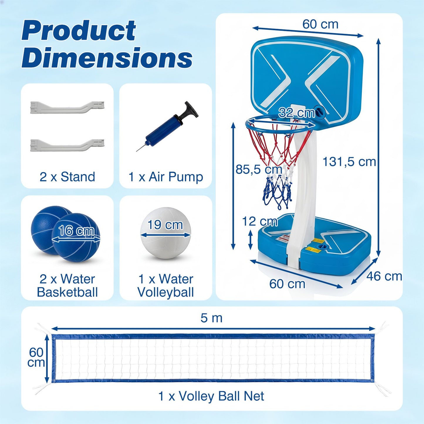 2-in-1 Pool Basketball Hoop and Pool Volleyball Net with Weighted Base