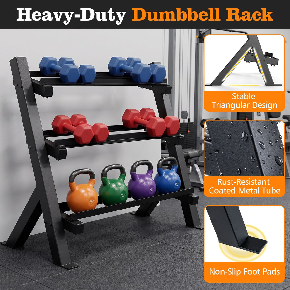 3-Tier Adjustable Dumbbell Rack Stand Only with Adjustable Spacing