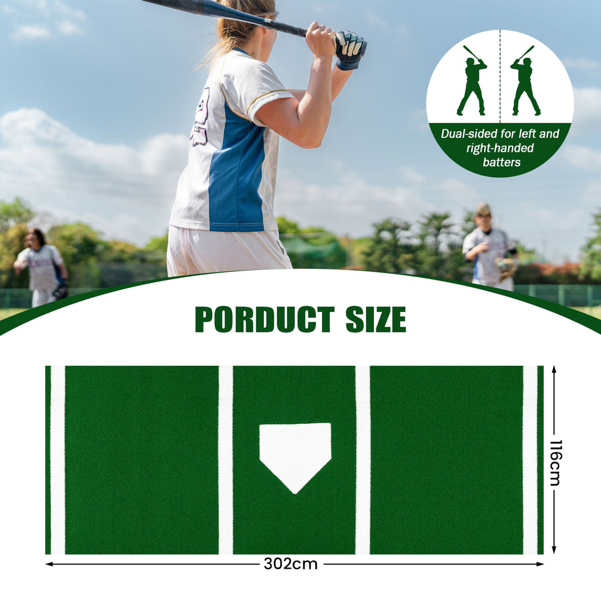 302 x 116 CM Baseball and Softball Hitting Mat Heavy-Duty 15 mm Turf
