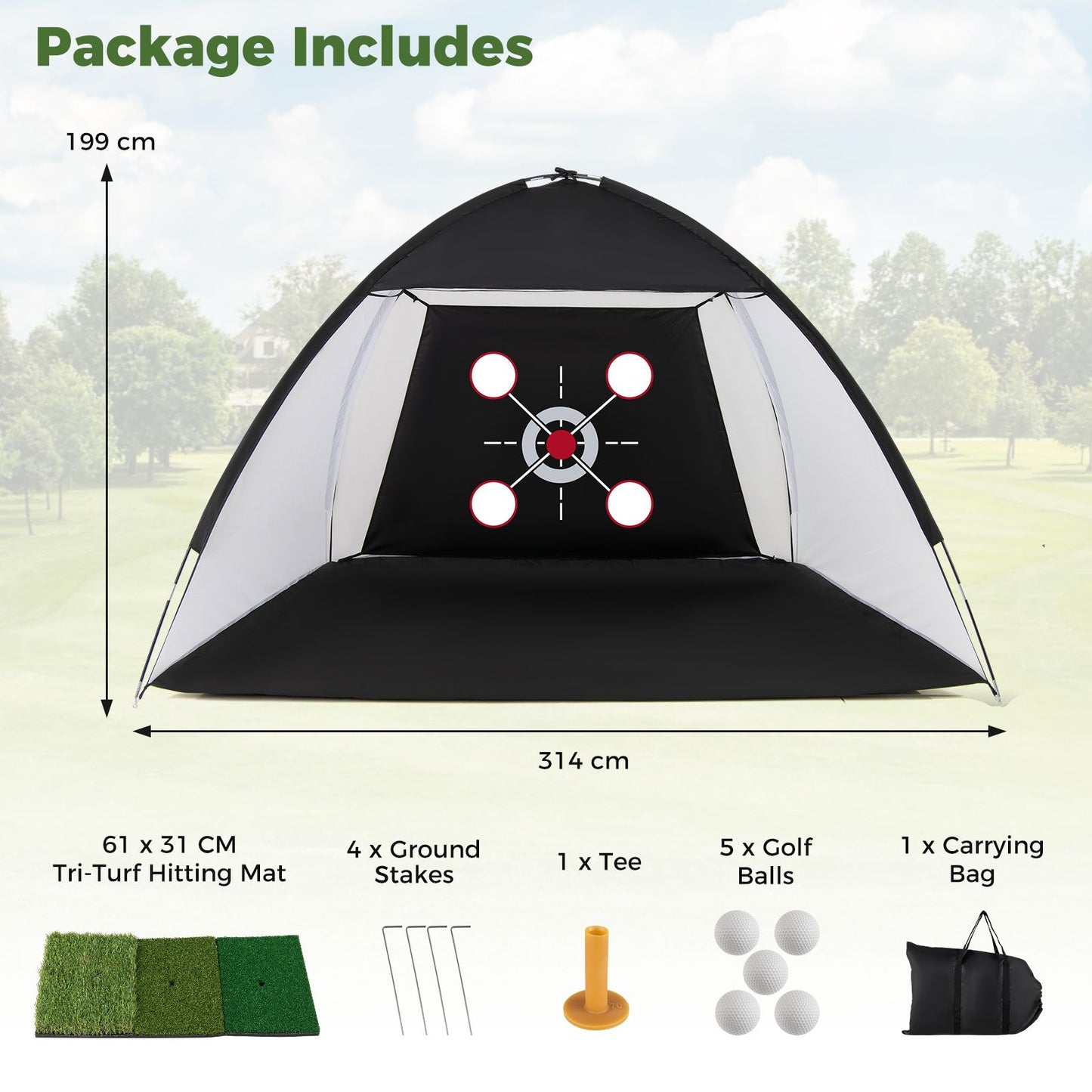 314 x 199 CM Golf Practice Net with Foldable Tri-Turf Mat and Carry Bag