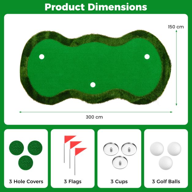 300 x 150 cm Golf Putting Green Practice Mat with 3 Holes and Golf Balls
