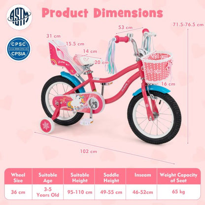 14/16 Inch Kids Bicycle with Training Wheels and Front Handbrake
