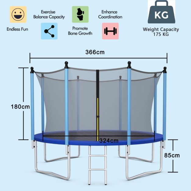 12 FT Outdoor Trampoline with Enclosure Net and Ladder