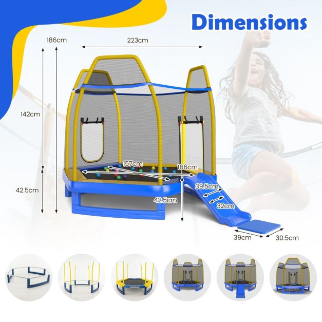 3 in 1 7FT Kids Trampoline with Slide Ladder and Ocean Balls