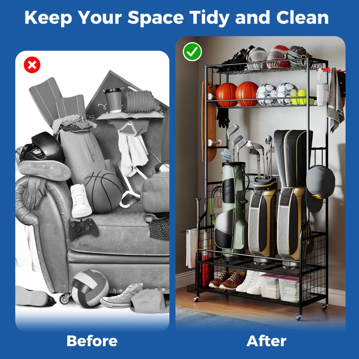 3 Golf Bags Storage Garage Organizer with Wheels and Hooks
