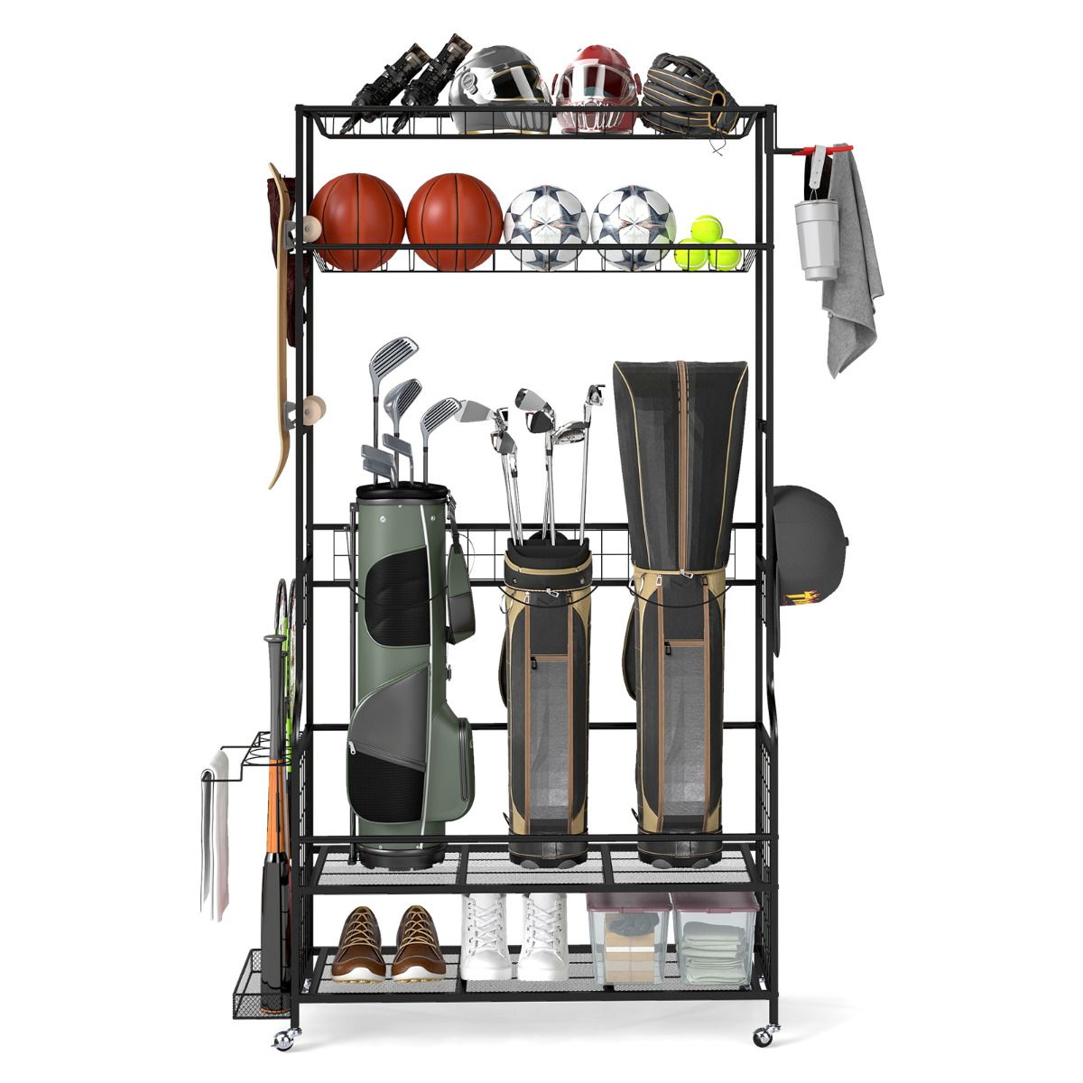3 Golf Bags Storage Garage Organizer with Wheels and Hooks