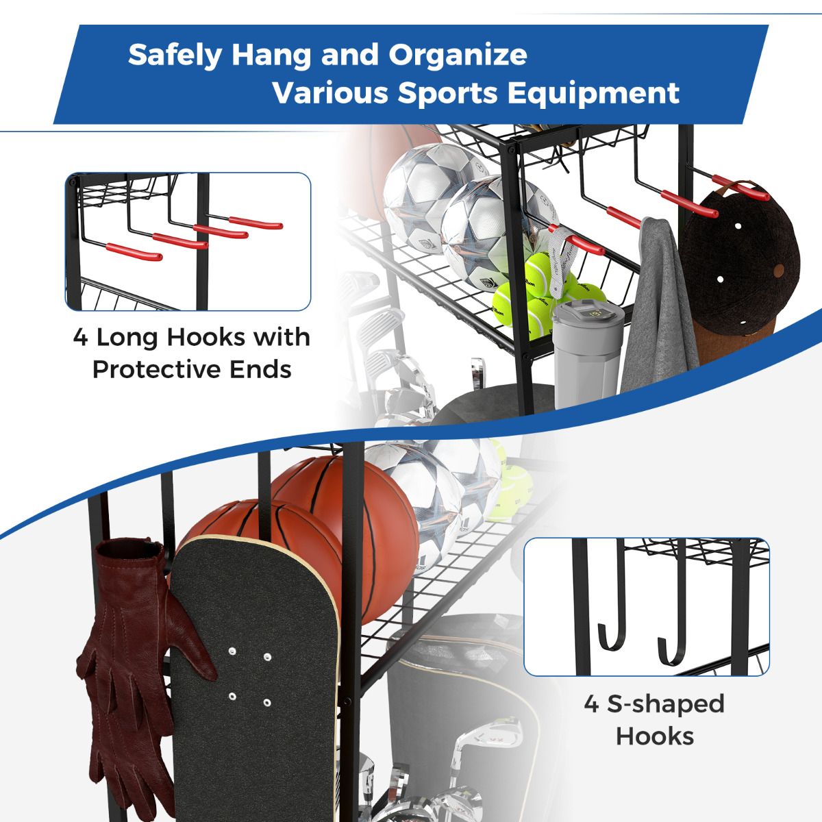 3 Golf Bags Storage Garage Organizer with Wheels and Hooks